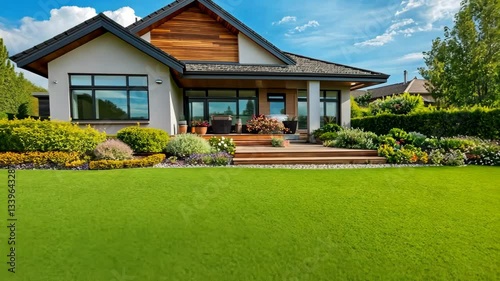 Beautiful modern house with landscaped garden and blue sky in residential neighborhood
