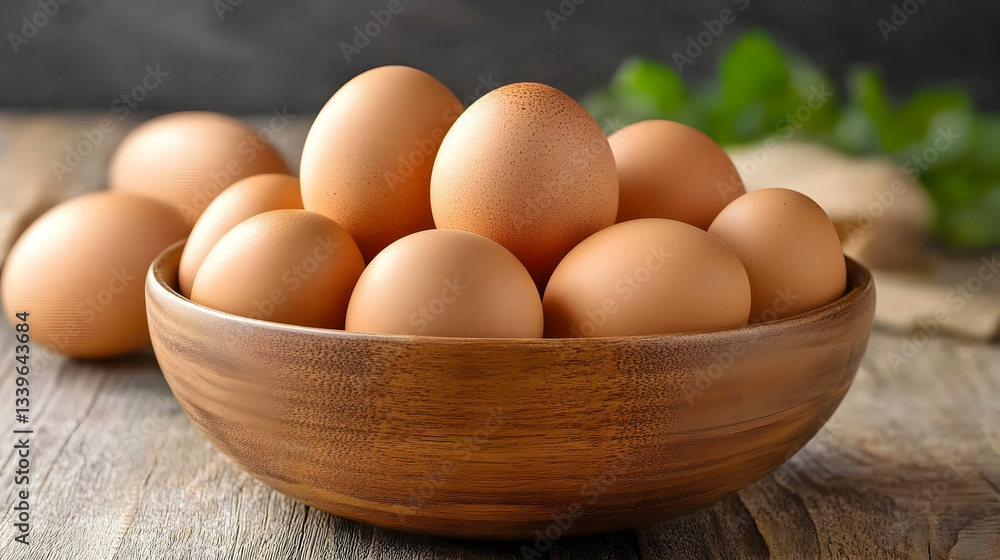 Fresh Brown Eggs In Wooden Bowl On Wooden Table Fresh Brown Eggs In Wooden Bowl On Wooden Table