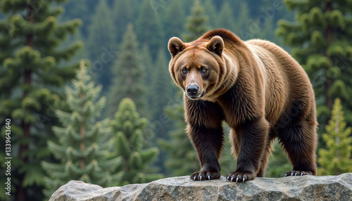 Powerful grizzly bear standing on a rocky ledge, tense gaze directed at the camera in a vibrant forest backdrop
