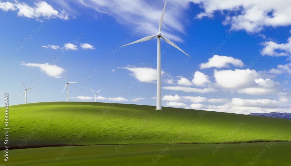 Fototapeta premium Wind turbines spinning on green hills under a blue sky 