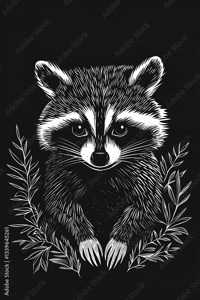 Obraz premium Playful raccoon graphic, black and grey half-tone fill, minimal