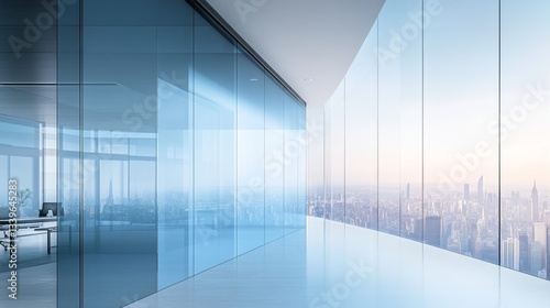 Minimalist Office Setting: Show a stylish conference room with glass walls, half-covered with smart film that transitions between transparent and opaque. High-Tech Home Interior