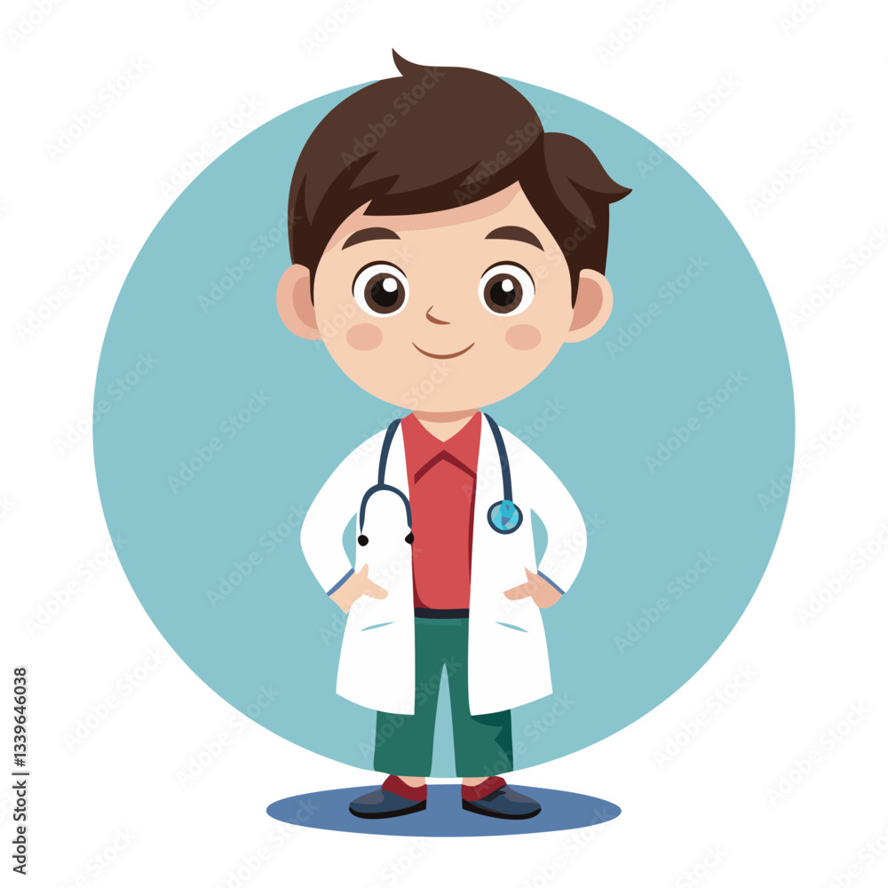 A cheerful young boy dressed as a doctor stands confidently with his hands in pockets. He wears a white coat and a stethoscope, exuding warmth and approachability at a clinic setting A cheerful young boy dressed as a doctor stands confidently with his hands in pockets. He wears a white coat and a stethoscope, exuding warmth and approachability at a clinic setting