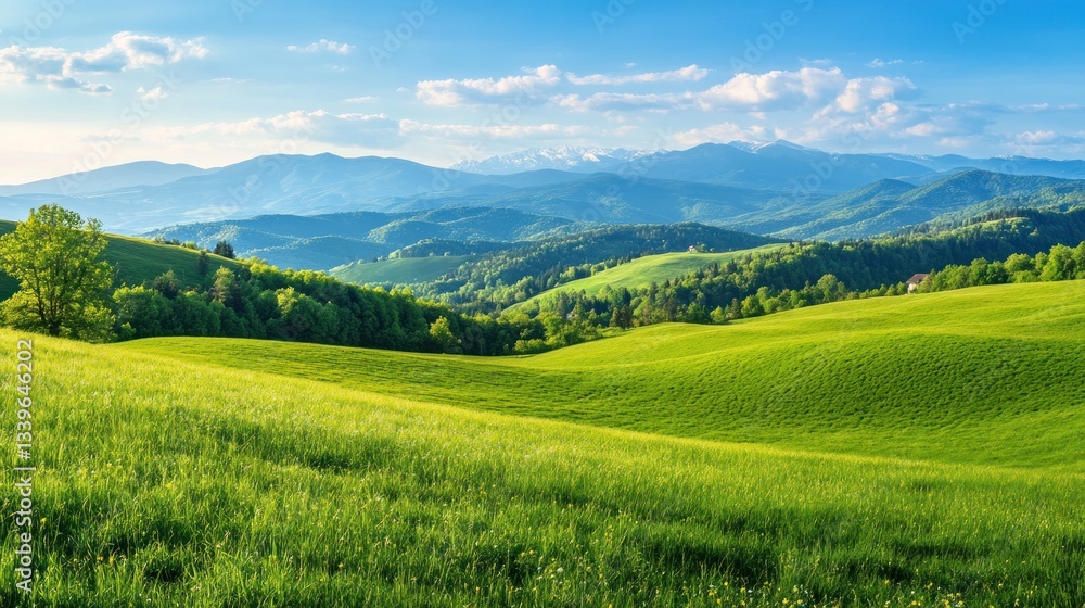 Serene Green Hills and Distant Mountains: A Breathtaking Landscape Serene Green Hills and Distant Mountains: A Breathtaking Landscape