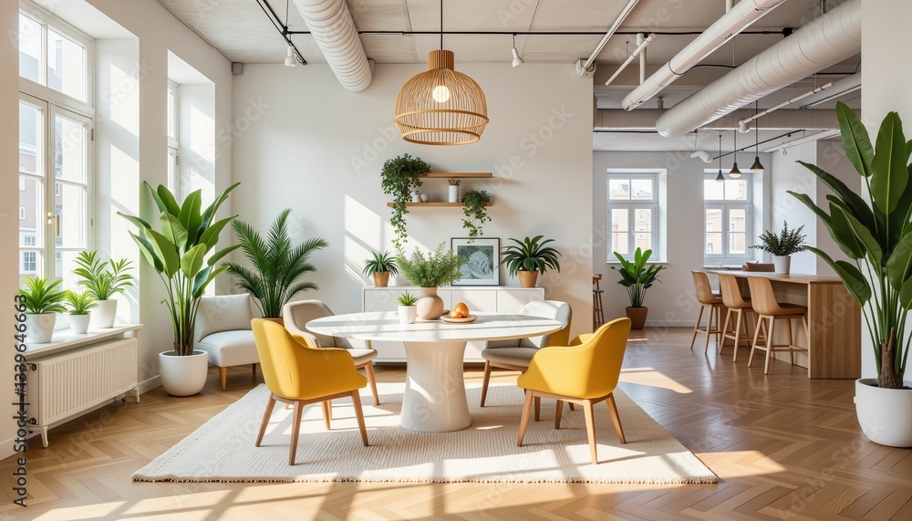 Fototapeta premium Modern dining room with bright decor and greenery 