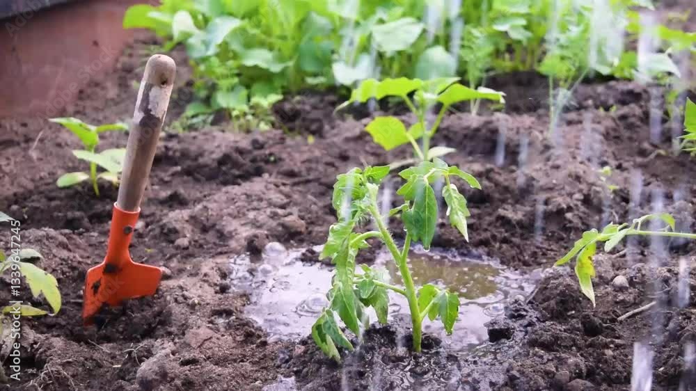 farmer planting to soil tomato seedling in a garden bed farmer planting to soil tomato seedling in a garden bed