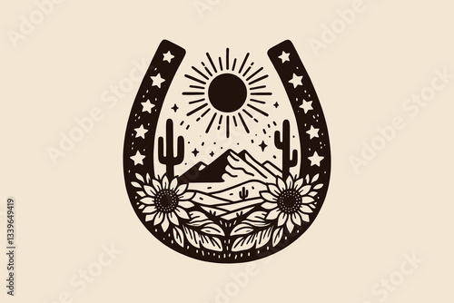 Black and white desert scene inside a lucky horseshoe with flowers