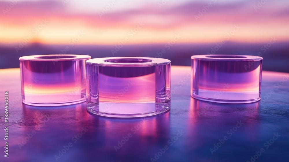 Three translucent cylindrical objects, reflecting sunset hues Three translucent cylindrical objects, reflecting sunset hues