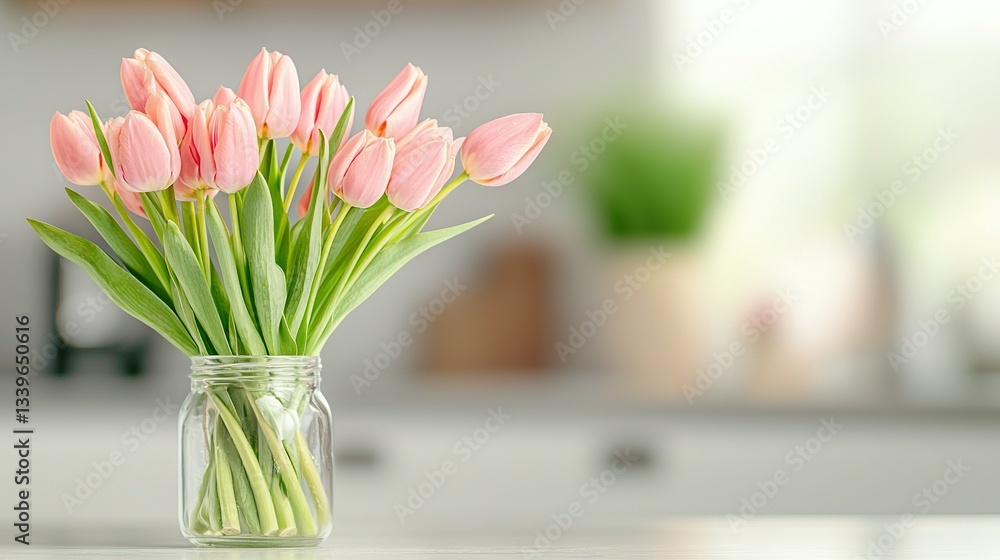 Obraz premium A vase with pink tulips sits atop a white counter beside a green potted plant
