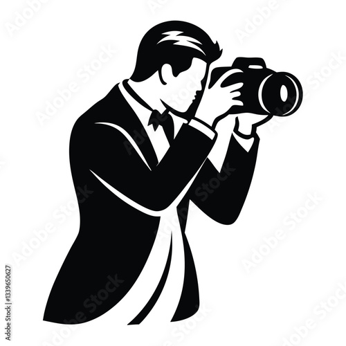 Black and white vector silhouette of a cameraman isolated on white background Man with a camera on white background