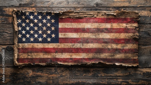 A distressed American flag painted on weathered wood evokes a sense of rustic patriotism and history.