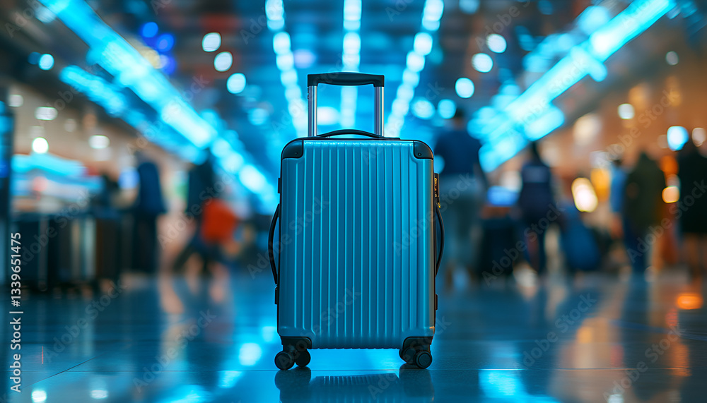 Blue suitcase standing in a busy airport terminal. Luggage, travel, airport, transportation concept Blue suitcase standing in a busy airport terminal. Luggage, travel, airport, transportation concept
