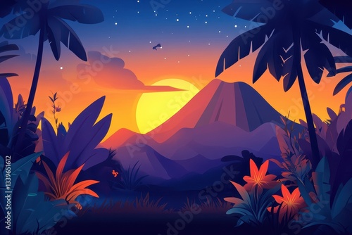 A colorful digital illustration of a tropical sunset landscape scene