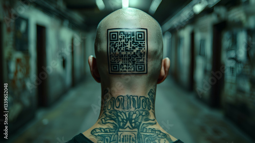 Modern Art and Identity: Urban Portrait of Male Model with QR Code Tattoo in Graffiti Background