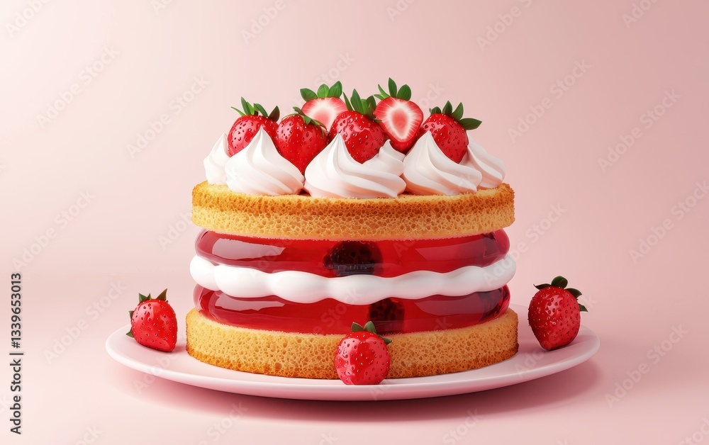 Layered strawberry jelly cake with whipped cream and fresh berries on top, isolated on a pastel pink background Layered strawberry jelly cake with whipped cream and fresh berries on top, isolated on a pastel pink background
