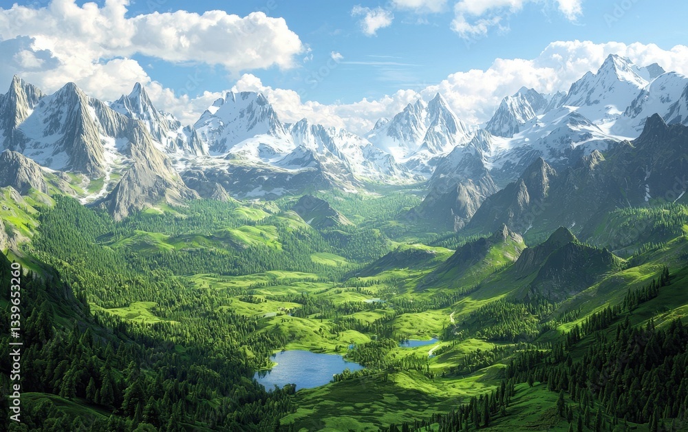 Fototapeta premium Lush green valley surrounded by tall, snow-capped mountains