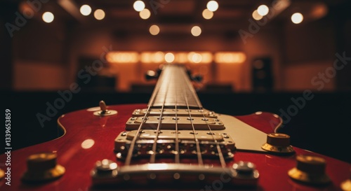 Red electric guitar with a long fretboard in a dark room with blurred background bokeh lights for musical instrument advertisement and equipment store promotion