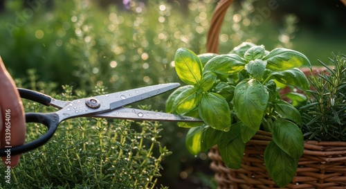 Cutting Fresh Basil Herb with Scissors in a Natural Garden Setting