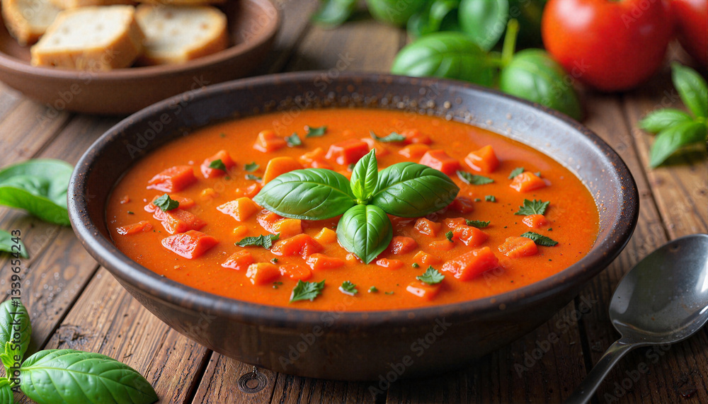 Delicious tomato basil soup in rustic bowl with crusty bread, comfort food Delicious tomato basil soup in rustic bowl with crusty bread, comfort food