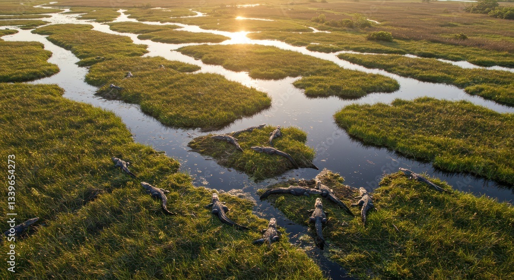 Naklejka premium Alligators Resting in Wetland Marsh at Sunset From Aerial View