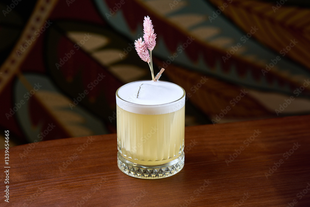 Elegant Floral Cocktail in a Crystal Glass on Wooden Table