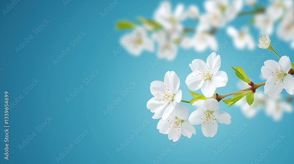 Beautiful scene of sakura blooming, white blight light, blue sky Beautiful scene of sakura blooming, white blight light, blue sky