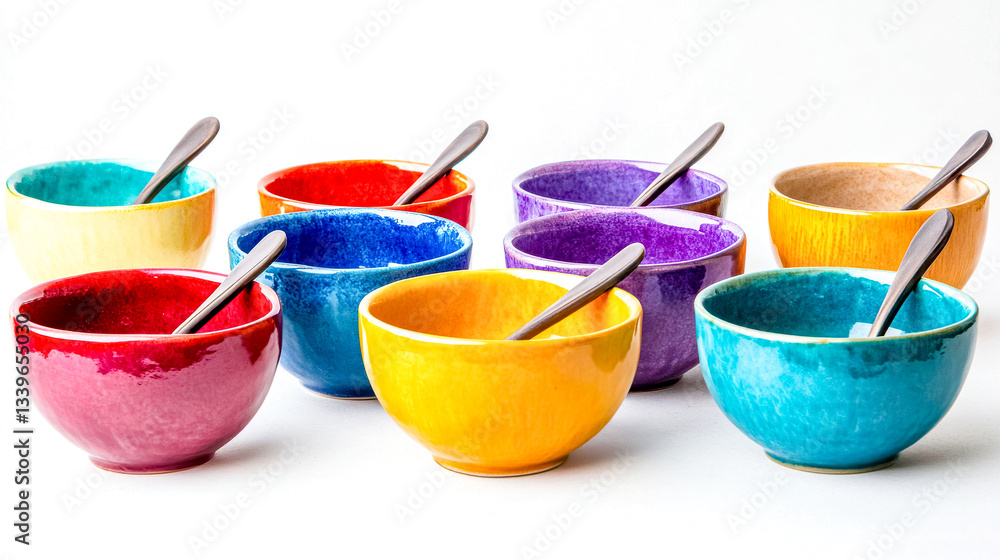 Colorful ceramic soup bowls with spoons on white background Colorful ceramic soup bowls with spoons on white background