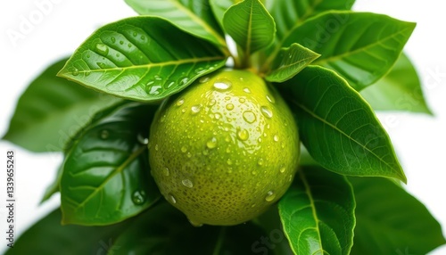 Wallpaper Mural Close-up of vibrant green lime with water droplets, lush leaves isolated on white,  plant, green leaves Torontodigital.ca
