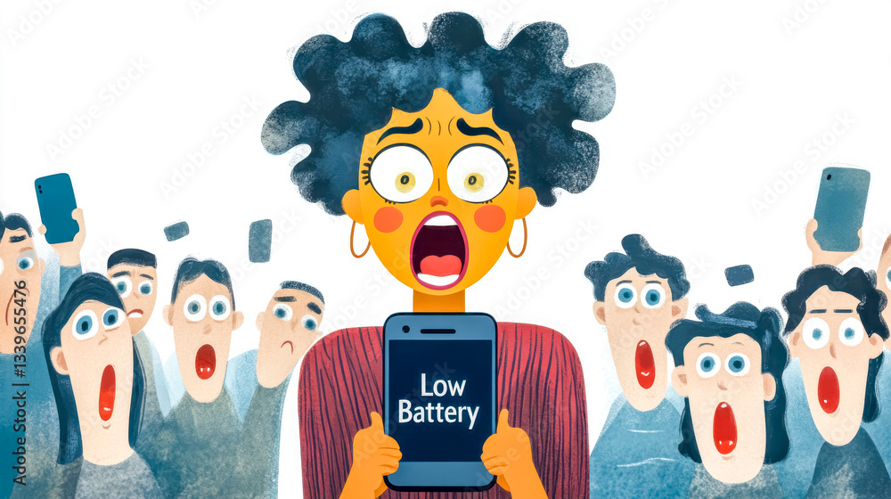 Naklejka premium Woman panicking showing low battery notification on smartphone to crowd