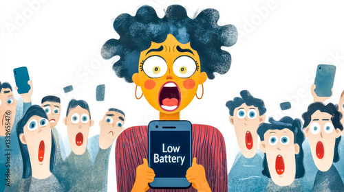 Woman panicking showing low battery notification on smartphone to crowd