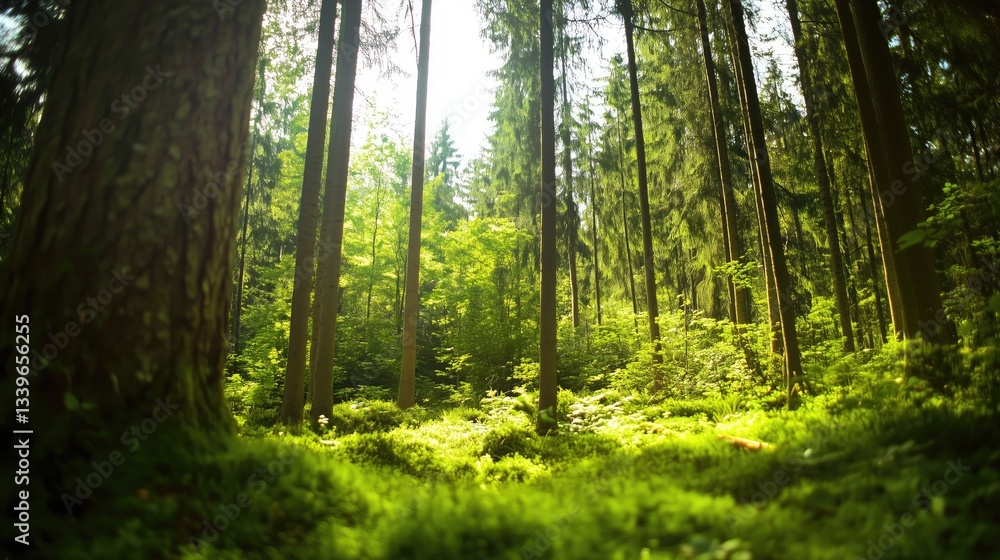 Fototapeta premium Lush green forest of old spruce, fir, and pine trees, soft sunlight filtering through the canopy, shallow depth of field, wide-angle shot, serene and natural atmosphere