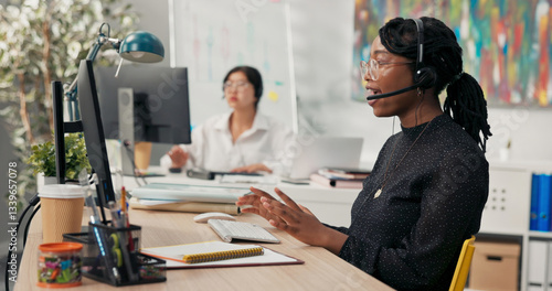 Call center office, insurance company, telecommunications, customer advisor, employees sit with headphones and microphones on their ears, conduct consultations, conversations