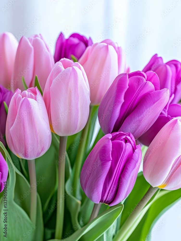 Obraz premium Lovely Pink and Purple Tulips Bouquet - Close-up of a beautiful bouquet of pink and purple tulips, perfect for spring or any occasion