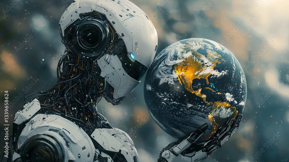 Fototapeta premium Futuristic Earth: AI Robot with Human-Like Cybernetic Integration in Detailed 3D Rendering