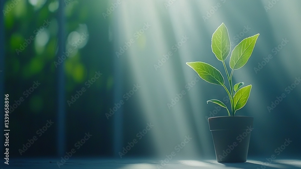 A potted plant with a lush green center and glowing rays of light A potted plant with a lush green center and glowing rays of light