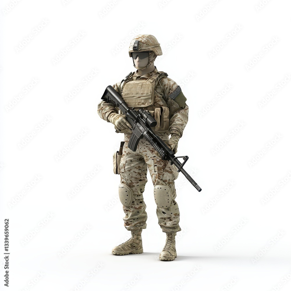 Soldier in camouflage uniform holding a rifle, isolated on white Soldier in camouflage uniform holding a rifle, isolated on white