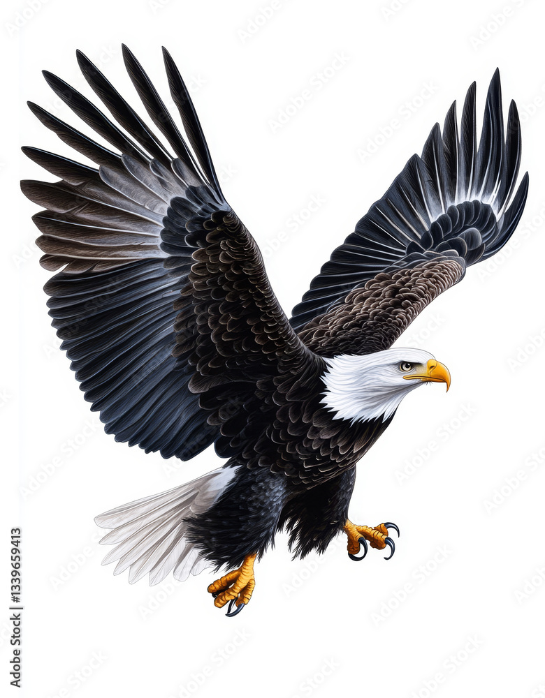 Obraz premium Majestic Bald Eagle in Flight - A stunning of a bald eagle with wings outstretched, soaring against a white background