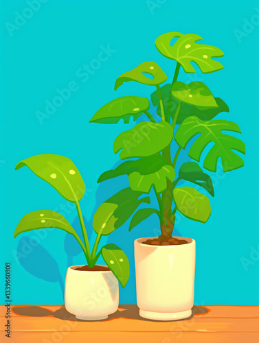 Vibrant Green Potted Houseplants on Wooden Shelf