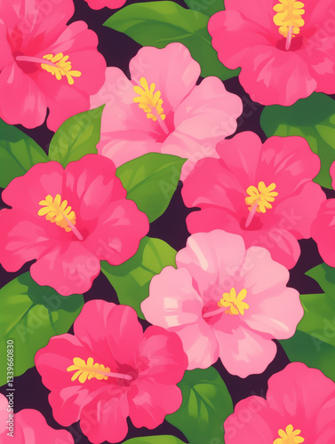 Vibrant Pink Hibiscus Flowers and Green Leaves Pattern