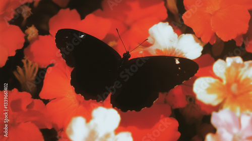 Black Butterfly Resting on Vibrant Red Flowers