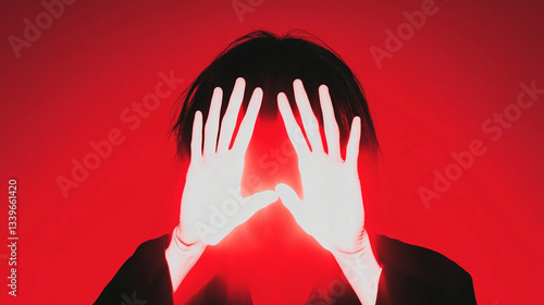 Silhouette with Hands Raised in Intense Red Glow