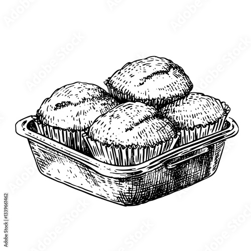 Vintage engraved illustration of a basket filled with delicious hand-drawn muffins creating a classic culinary design