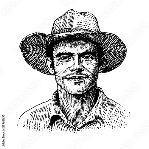 Vintage illustration of a smiling farmer with a straw hat, reflecting traditional craftsmanship and outdoor life
