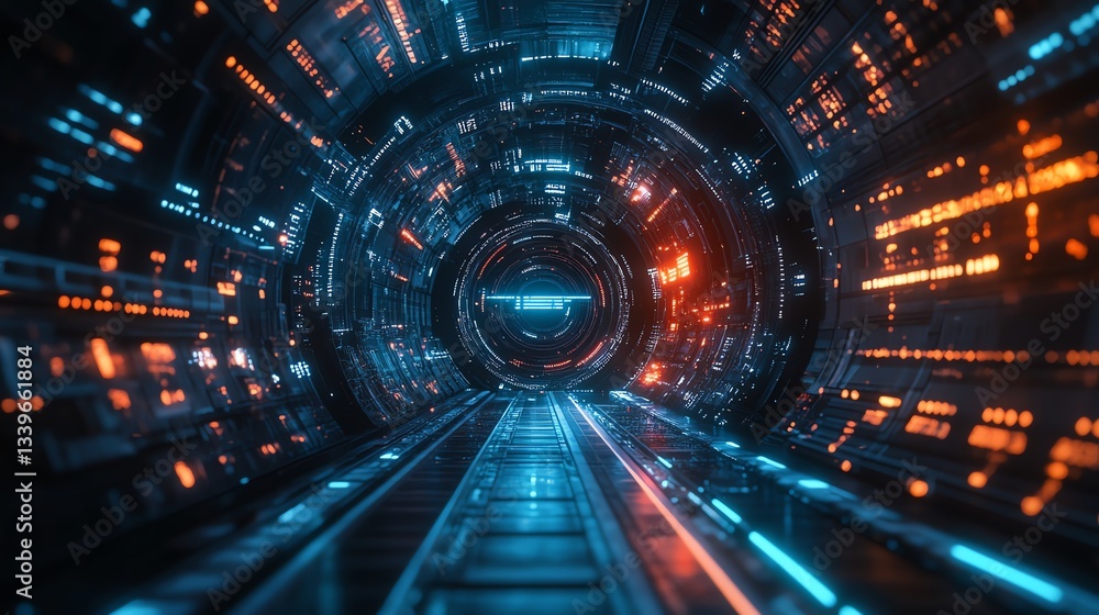 Entering Futuristic Data Tunnel with Glowing Lights and Circular Structure Entering Futuristic Data Tunnel with Glowing Lights and Circular Structure