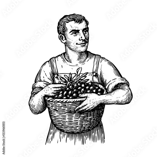 Vintage engraved illustration of a man proudly holding a basket filled with freshly harvested fruits, showcasing traditional farming techniques