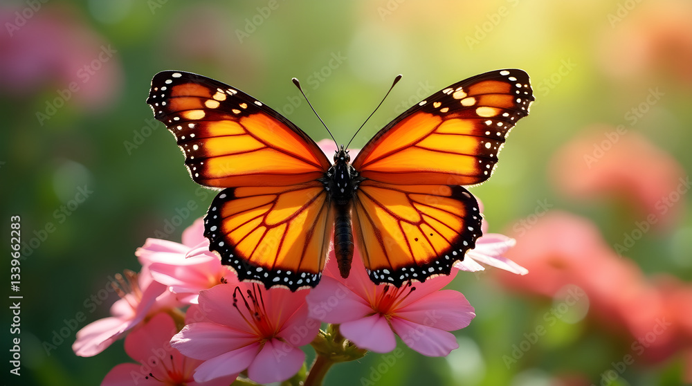 Fototapeta premium Monarch Butterfly on Pink Flowers - Stunning Macro Close-up of Vibrant Orange and Black Wings in Sunny Garden Nature