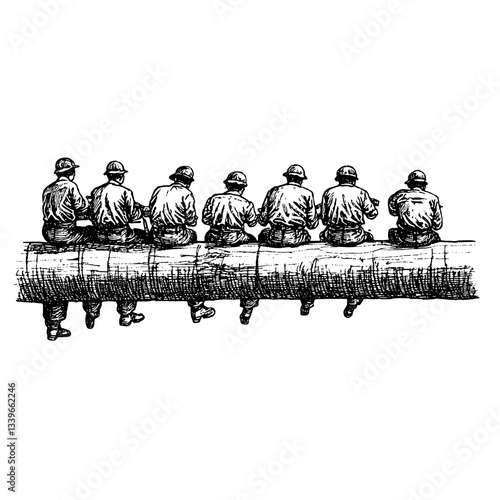 Artistic engraving of workers on a log displaying craftsmanship and solidarity in vintage style