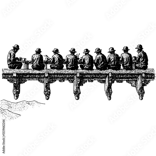 Engraved illustration showcasing vintage artisans gathered for a collaborative crafting experience in a serene landscape
