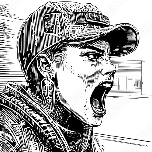 Dynamic expression of rebellion captured in an engraved illustration showcasing a passionate figure in urban surroundings