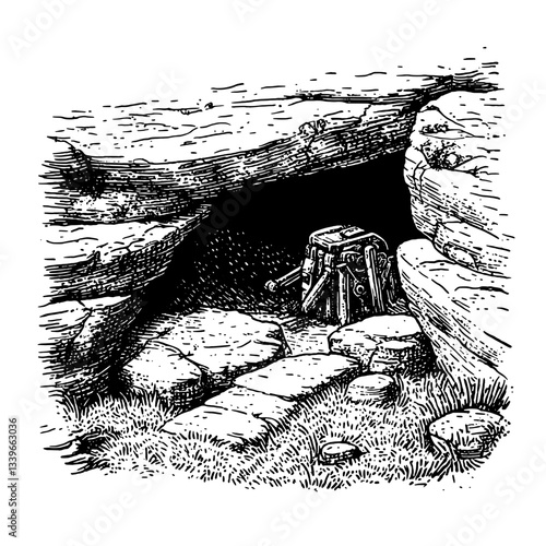 Engraved illustration of a vintage cave entrance surrounded by rocky terrain and a mysterious atmosphere